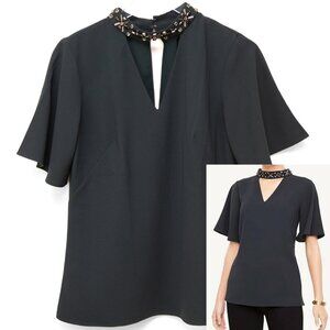 Ann Taylor Beaded Choker Neck Flutter Sleeve Blouse Cutout Green Grey Size 2 New